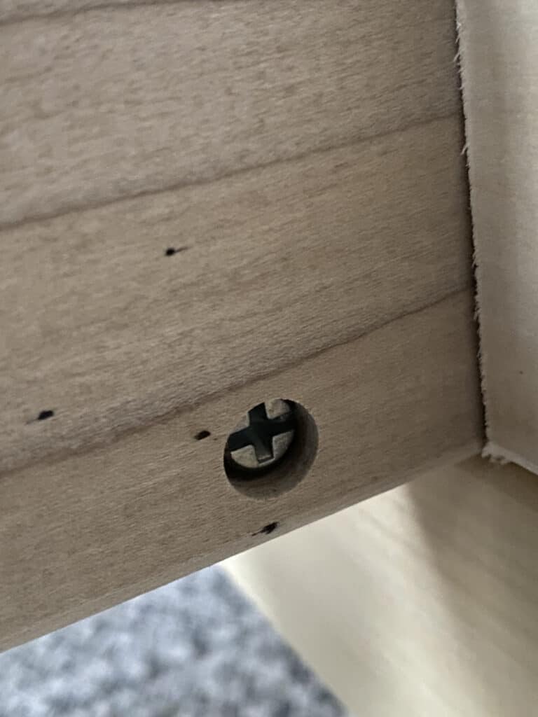 Bed bug fecal matter on a wooden bed frame