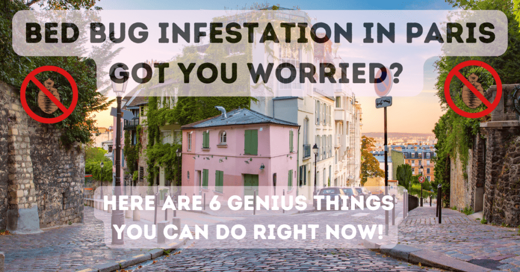 a Paris street with the text: Bed Bug Infestation in Paris Got You Worried. Here are 6 Genius things you can do right now